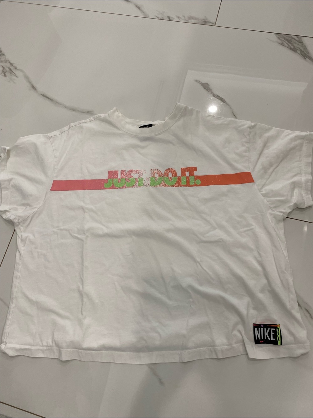 Nike White Tee with Pink and Orange 'Just Do It.' Stripe